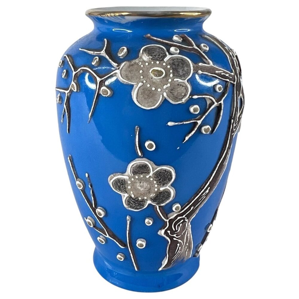 Vintage‎ Blue Hand Painted Japanese Vase Cherry Blossom Floral Design Made Japan